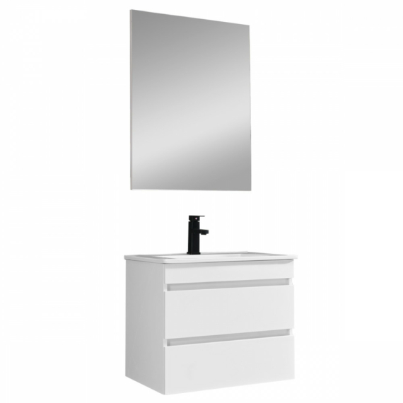 Cube Fürdőszobabútor 60 cm kerámia mosdóval (2 fiókos) tükörrel 60x80 cm magasfényű festett fehér